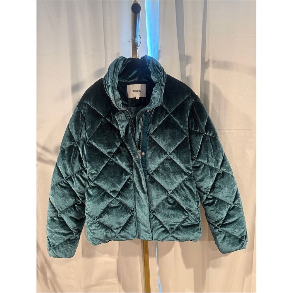 Jason Wu Emerald Velvet Quilted Puffer Hooded Luxe Women's Emerald Fall Winter M